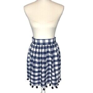 Elizabeth Wilson Pom Pom Gingham Skirt XL Blue White Check Preppy Prep Girly